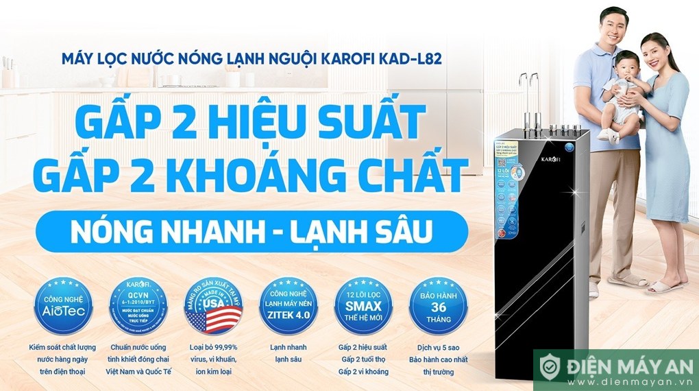 Máy lọc nước RO nóng nguội lạnh Karofi KAD-L82 12 lõi
